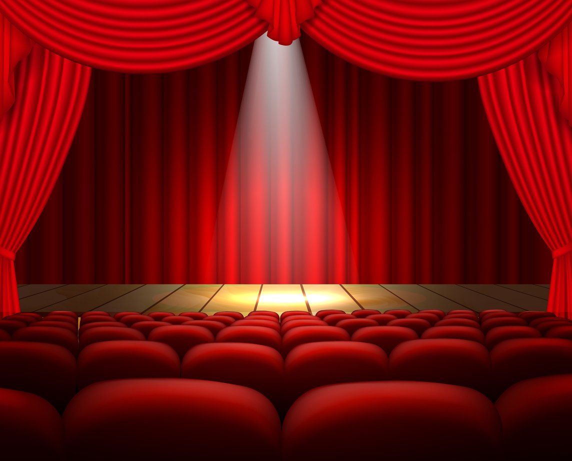 Theater Stage with Red Curtain and Spotlights